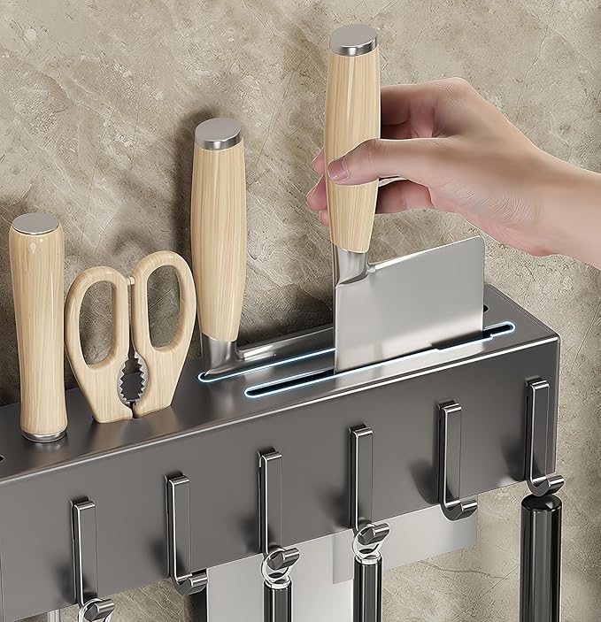 SEIDO Carbon Steel Utensil Rack – Space-Saving 12" L Kitchen Organizer with hooks & hanging bar, Gunmetal Gray Knife Holder, 2 Installation Options (Adhesive/Screwed)
