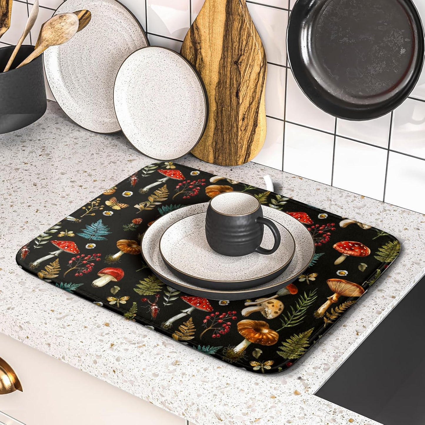 Mushroom Forest Dish Drying Mat Fern Leaves Black Drainer Mat for Kitchen Countertop 16 X 18 Inch