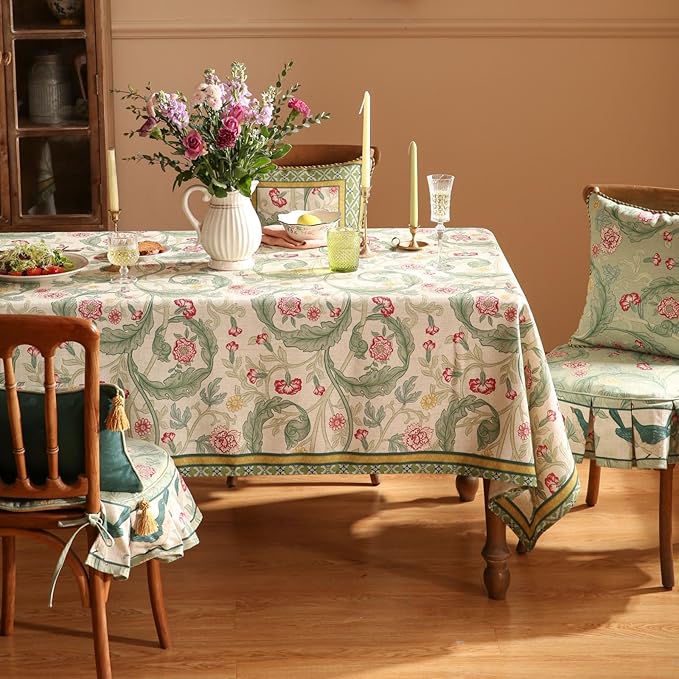 patdrea Designer Green Long Table Cloth for Rectangle Table,Vintage Linen Leaves Pattern Tablecloth,Floral Decor Cover for Kitchen Dining Christmas,Tea Party,Thanksgiving,63"x94"-Cecilia a