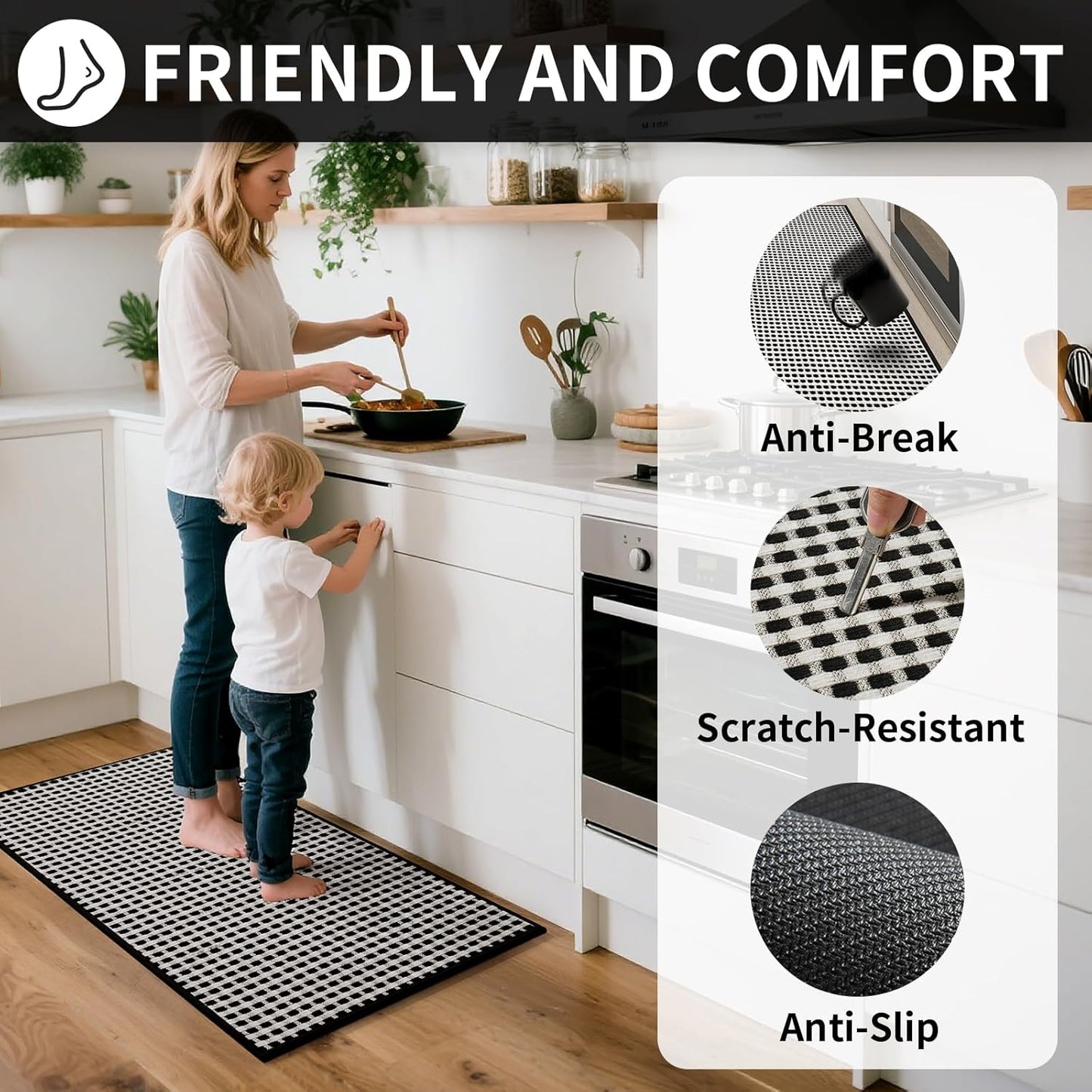 Long Kitchen Runner Rugs Kitchen Mat Non Slip Washable, Super Absorbent Soft Chenille Braided Kitchen Mats for Floor, Rubber Backing Kitchen Floor Sink Standing Mat, Easy Clean, Black 24"x71"