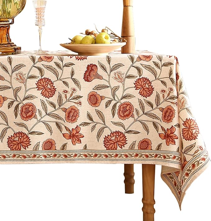 ISAENNE Designer French Extra Long Rectangular Tablecloth,Linen Orange Floral Pattern Indoor Table Cloth,Wrinkle Resistant Decor Table Cloth for Dining Thanksgiving Kitchen,67"*118"-Alvarado D