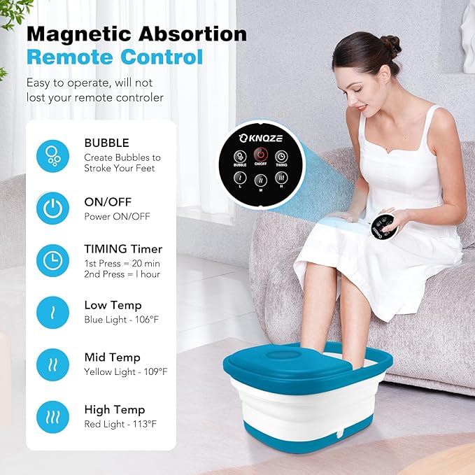 Collapsible Foot Spa Bath with Heat, Remote Control, Temperature Control, Bubbles, Red Light, Pumice Stone, 16 Massage Roller Pedicure Foot Spa Tub Foot Soaker for Soothe & Relax Tired Feet