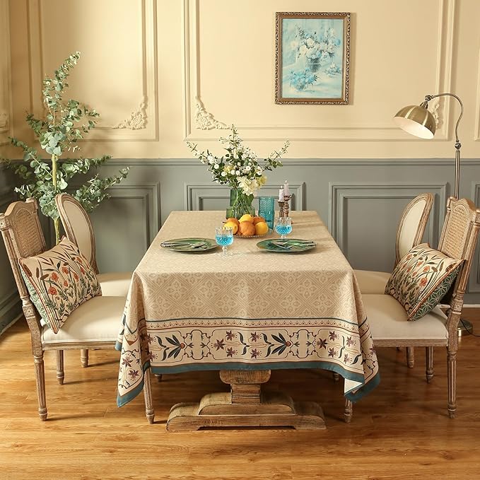 patdrea Designer French Linen Long Tablecloth for Rectangle Table,Beige Anti-Wrinkle Floral Farmhouse Table Cloth,Decor Covers for Kitchen Dining,Tea Party,Christmas,Thanksgiving,63"x102"-Fram