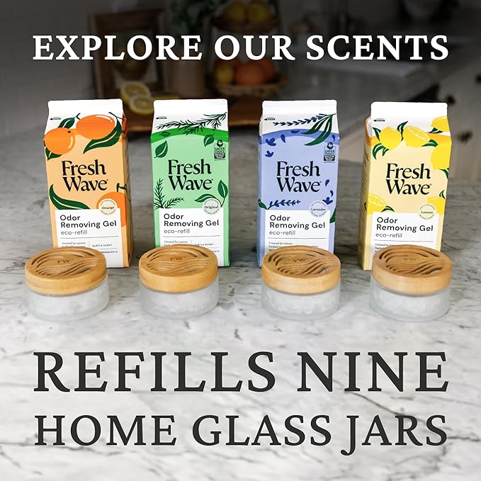Fresh Wave Odor Removing Gel Eco-Refill, 63 oz. Lemon Scent | 2 Empty Refillable Glass Jars | 2 Room Set