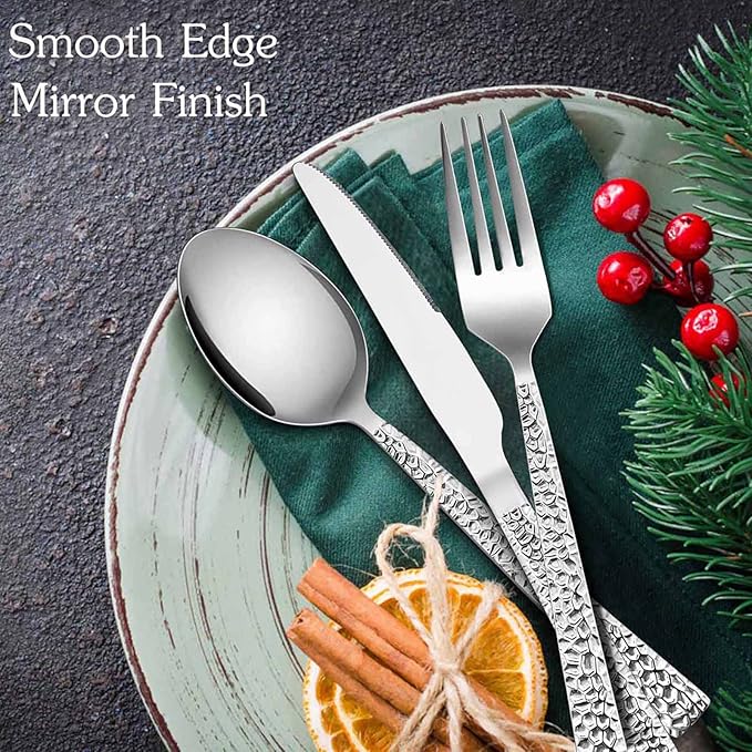 E-far 50-Piece Hammered Silverware Set, Stainless Steel Square Flatware Set Service for 10, Tableware Cutlery Set Includes Forks Spoons Knives, Modern Design & Mirror Polished - Dishwasher Safe