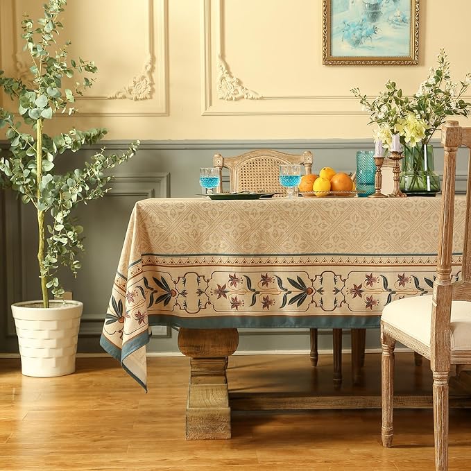 patdrea Designer French Small Rectangular Tablecloth,Beige Anti-Wrinkle Durable Floral Farmhouse Table Cloth,Decor Tables Covers for Kitchen Dining,Tea Party,Christmas,Thanksgiving,55"x71"-Fram