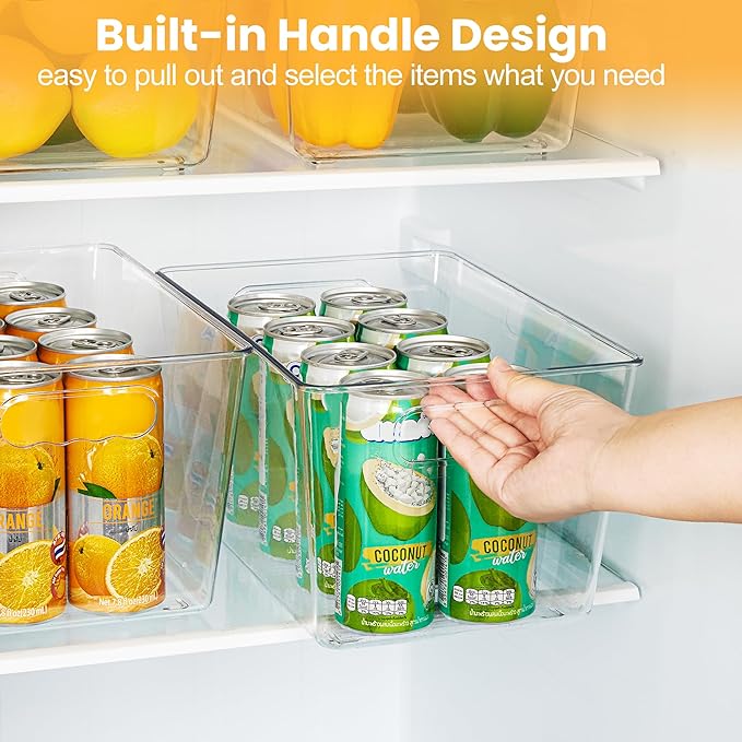 YIHONG 8 Pack Clear Pantry Organizer Bins,Plastic Storage Containers with Handle for Kitchen,Freezer,Cabinet,Closet,Bathroom Under Sink Organization
