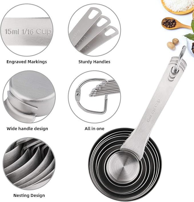 Stainless Steel Measuring Cups set of 8 measuring cups and 1 Magnetic Conversion Chart,1 Locking Ring,The Durable and Portable Kitchen Measuring Kit for Cooking and Baking