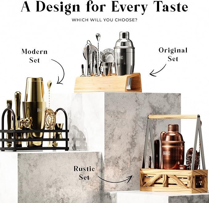 BARE BARREL® Mixology Bartender Kit Bar Set | 14-Piece Cocktail Shaker Set | Martini Barware Mixing Tools for Home Bartending | Incl. 35 Recipe Cards | Gift Set (24oz Cobbler Shaker, Silver/Natural)