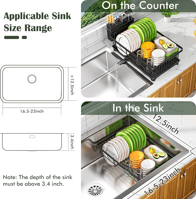 Kmiectse Dish Drying Rack - Space-Saving Small Dish Rack for Kitchen Counter, Rust-Resistant Kitchen Drying Rack, Compact Dish Drainer Organizer with Utensil Holder for Home Kitchen, Black