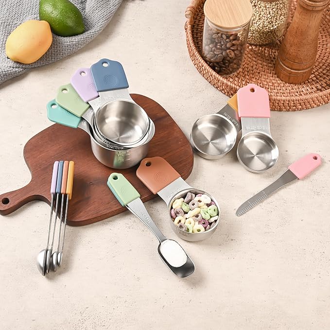Magnetic Measuring Cups & Spoons Set 14, Heavy Duty Stainless Steel Measuring Cups and Spoons Set for Baking & Cooking, BPA Free, Round Measuring Set with Leveler, Color