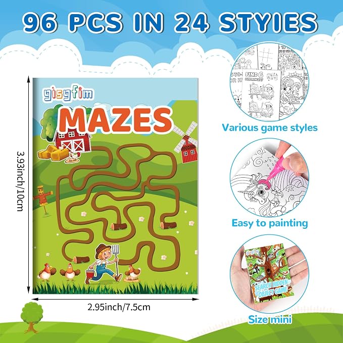 96 PCS Mini Activity Books for Kids Coloring Books Party Favors Bulk Ages 4-12 Challenging Game Include Mazes Dot to Dot Word Search Word Scramble Goodie Bags Stuffers Kids Classroom Activities