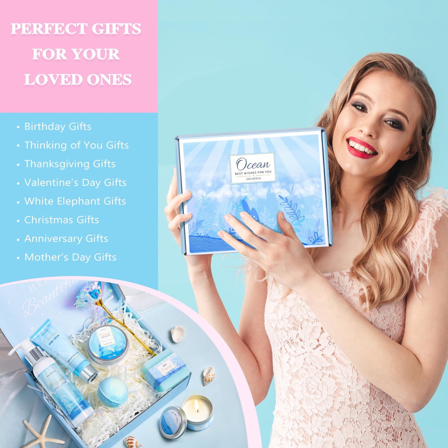 Gifts for Women, Ocean Scented Spa Gift for Women Birthday 7 Luxury Self Care Package, Gift Basket Care Package for Her Wife Mom Friends Female Bff