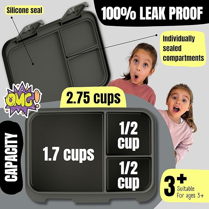 BEARFOOT Kids Lunch Box with Compartments – Compact & Lightweight | Leak-Proof, BPA-Free, Dishwasher & Microwave Safe | Hand-Drawn Design for Preschool, School, Travel (Sticker Black, 2.75 Cups)