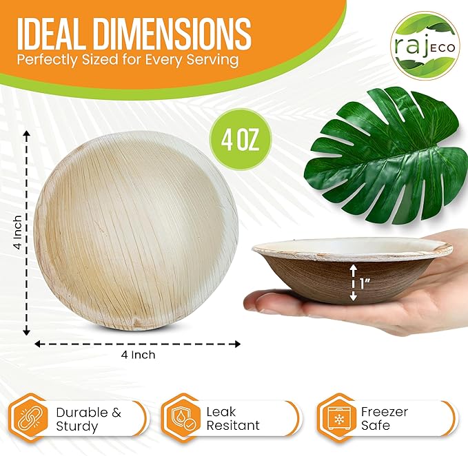 Raj Disposable Palm Leaf Bowls (50 Count, 4" Bowl) Strong Bowls Like Bamboo Party Bowl - Decorative Compostable Tableware for Lunch, Dinner, Birthday, Outdoor, BBQ, Picnic, Parties