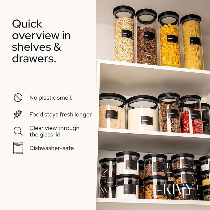 KIVY Glass spice jars transparent Glass Lid [6x 12oz] Stackable & Airtight small glass jars - Spice containers - Seasoning jars tea - Spice storage containers - Spice jars with black lids & labels