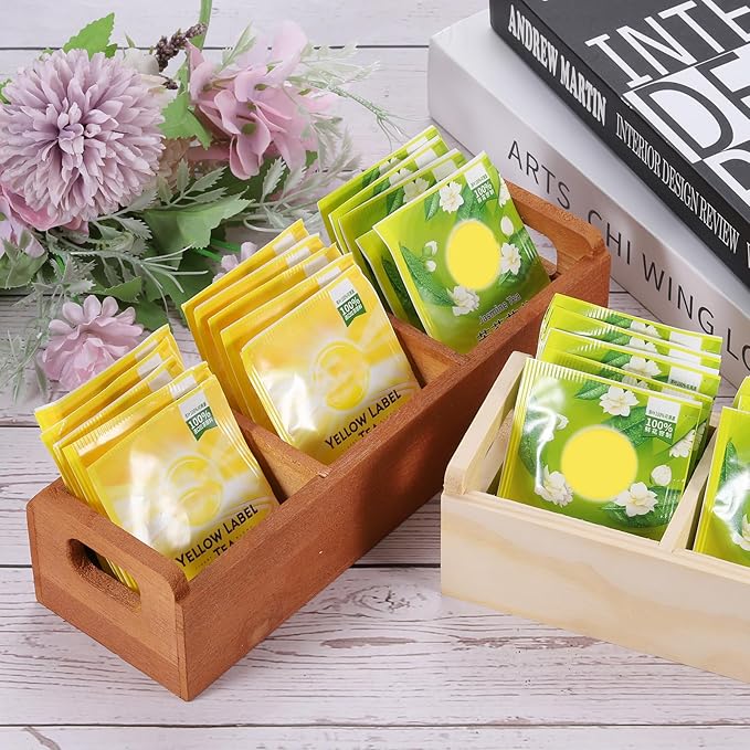uxcell Tea Bag Organizer, 3 Compartments Wood Tea Box with Handle, Tea Storage Organizer Holder for Tea Bags, Beverage Supplies Sugar Packet, Wood Color