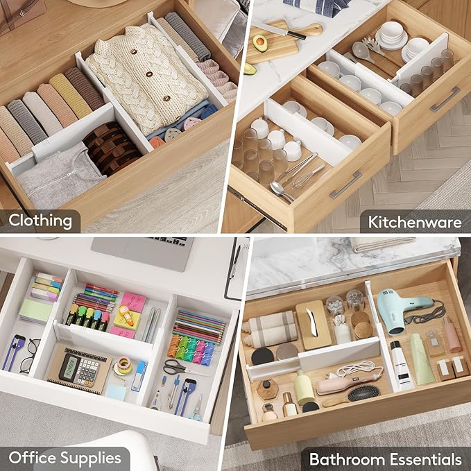 Lifewit 4 Pack 6" High Drawer Dividers 34-56cm/13.5-22" Adjustable Drawer Organizer for Clothes/Utensils, Expandable Drawer Separator in Dresser/Kitchen/Bedroom/Office Organization & Storage White