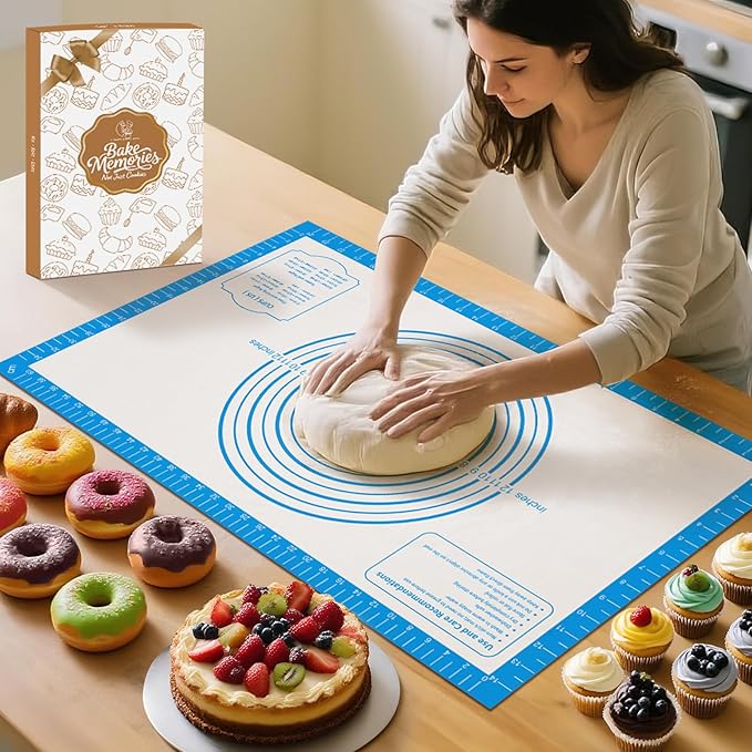 Silicone Pastry Mat for Dough Rolling, Silicone Baking Mat with Measurement for Baking Pie Crust, Pizza & Cookies, Non stick & Non Slip Silicone Mat, Blue 28X20INCH