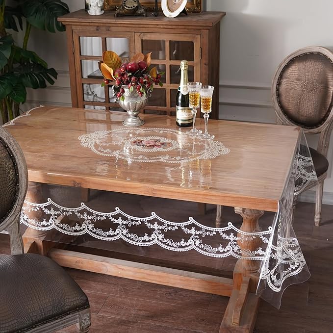 Clear Table Cover Protector Plastic Vinyl Table Cloth with White Lace Pattern Oil Spill Proof Plastic Tablecloths for Dining Tables Parties Holidays (French Lace, 60 x 104 Inches)