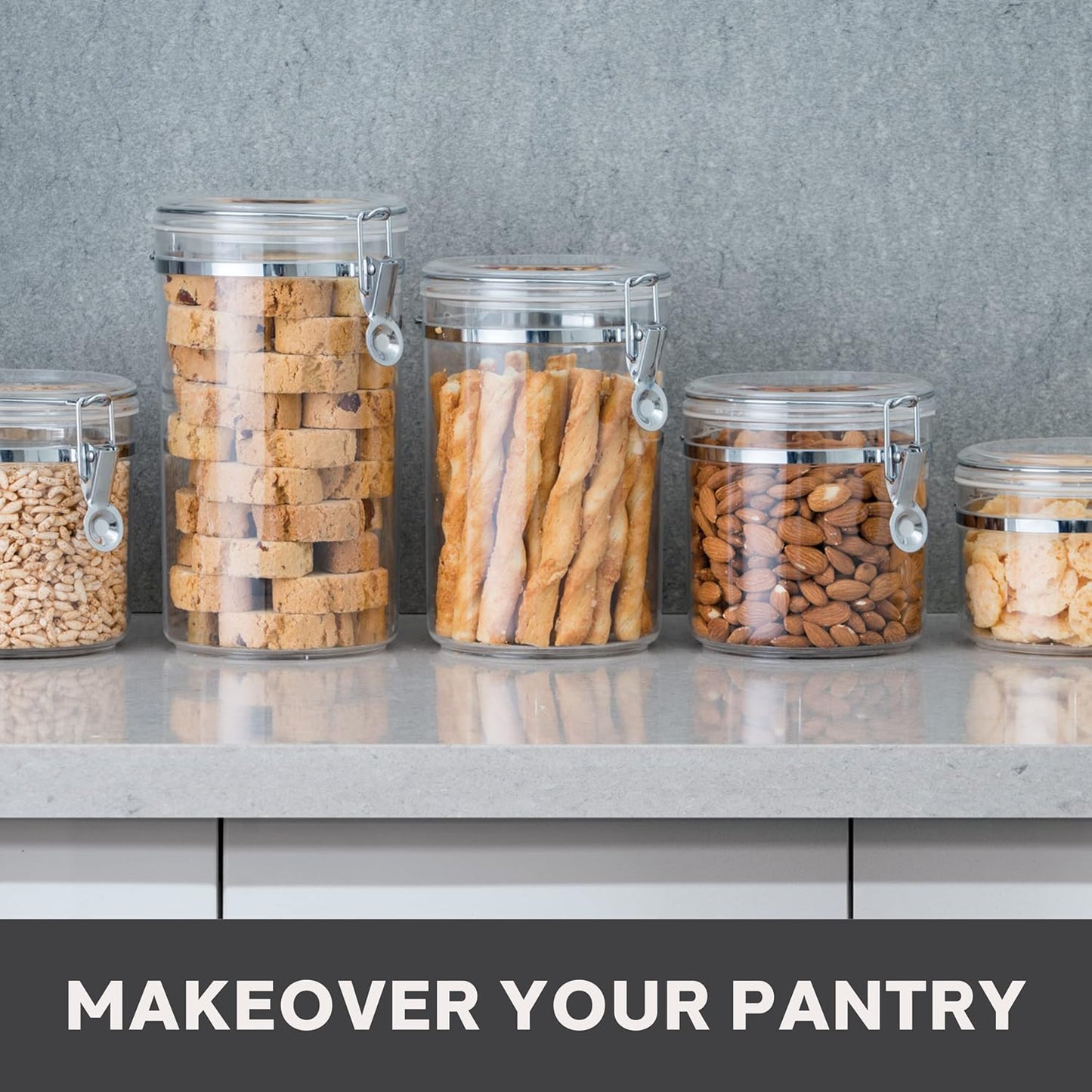 Oggi 4pc Clear Canister Set with Clamp Lids & Spoons - Airtight Food Storage Containers, Ideal for Kitchen & Pantry Storage of Bulk, Dry Food Including Flour, Sugar, Coffee, Rice, Tea, Spices & Herbs