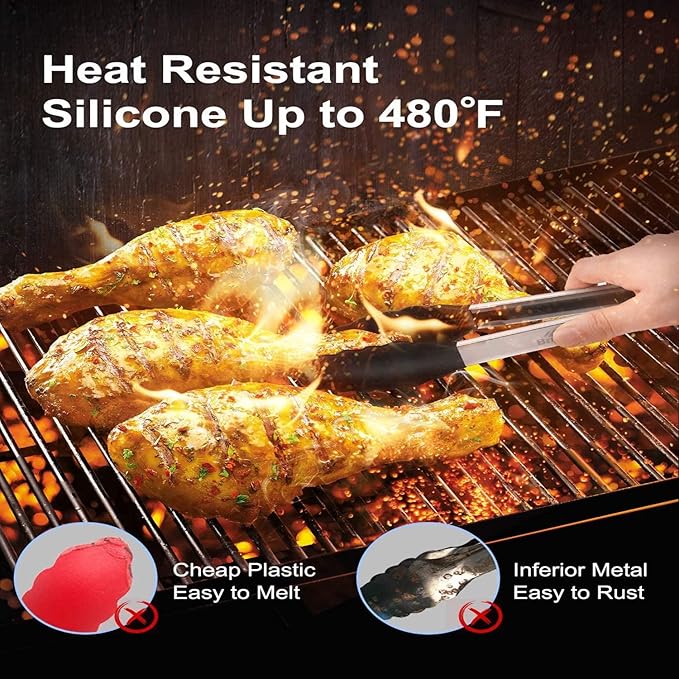 2-Pack of 9" (Small) & 12" (Large) Kitchen Tongs Set: Non-Stick Silicone-Stainless Steel Cooking Tongs, BPA Free, Heat Resistant (480°F) - Non-Slip Grip & Locking Metal Food Tongs (Grey)
