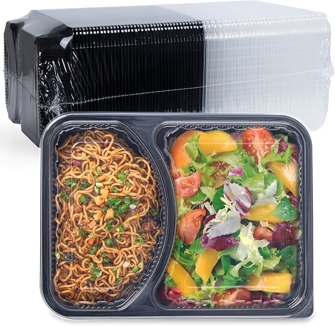 Takeout Containers Reusable 40 Pack 41oz - Shrink Wrap Leakproof | Portion Control Leftovers Plastic Container with Lid | BPA Free Freezer & Microwave Safe Meal Prep | 2 Compartment Lunch Box
