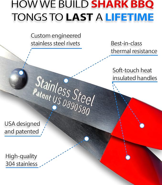 Shark BBQ Steak Grilling Tongs - 17 inch Red. Professional outdoor grilling utensil. Long Reach Barbeque Grilling Tongs. Ideal for kabobs, fish, burgers, and sausage