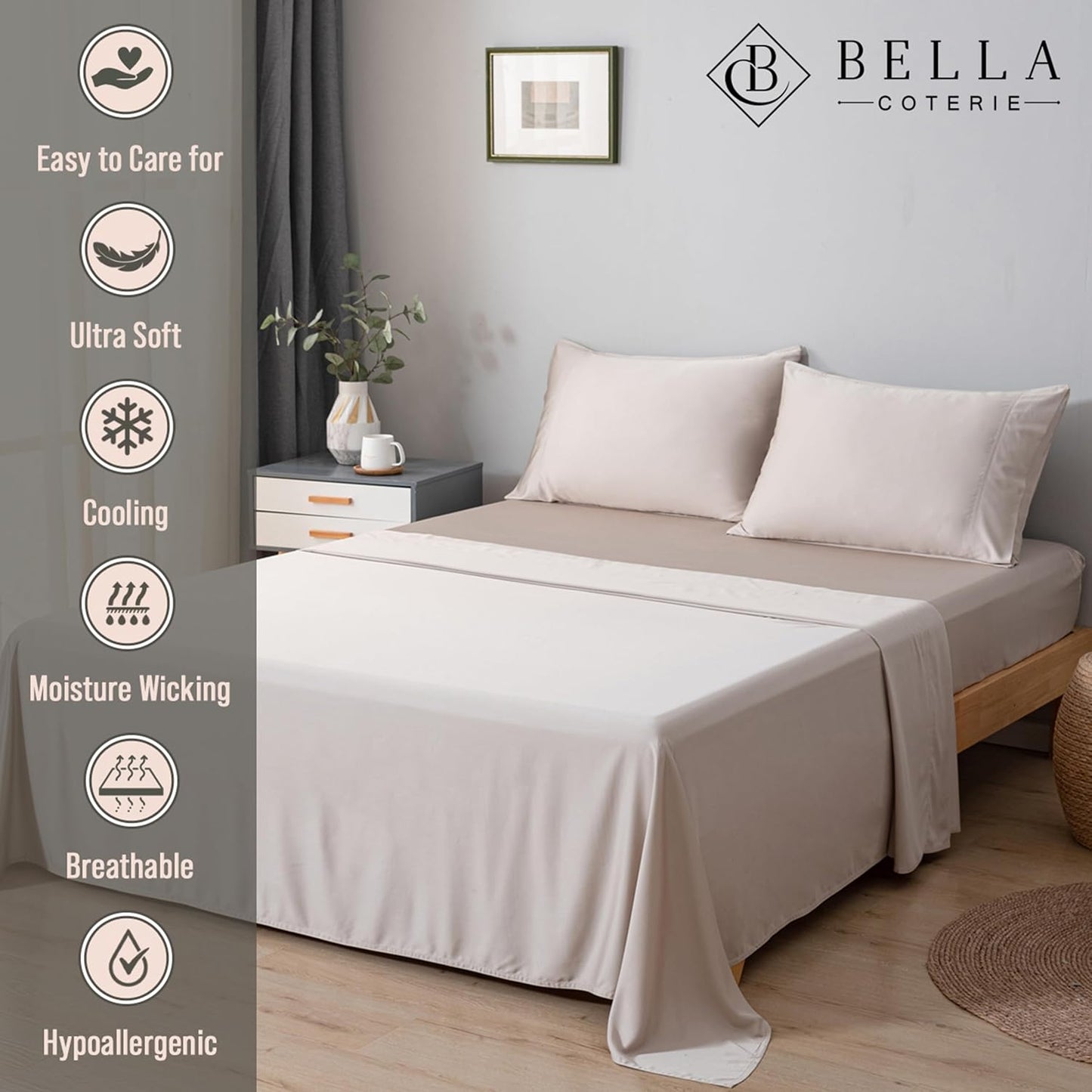 Bella Coterie Luxury Bamboo Viscose Twin Size Sheet Set | 100% Organically Grown | Ultra Soft | Cooling for Hot Sleepers | 18" Deep Pocket [Dune]