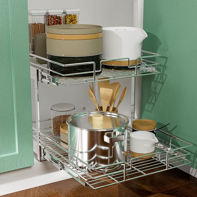 LOVMOR 2 Tier Individual Pull Out Cabinet Organizer 17" W x 21" D, Slide Out Kitchen Cabinet Storage Sliding Shelves