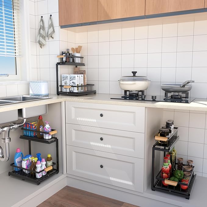 Under Sink Organizer, 2-Tier Metal Pull Out Cabinet Organizer Shelf Kitchen Bathroom Organizers and Storage with Sliding Drawer Undersink Pantry Cabinet Closet