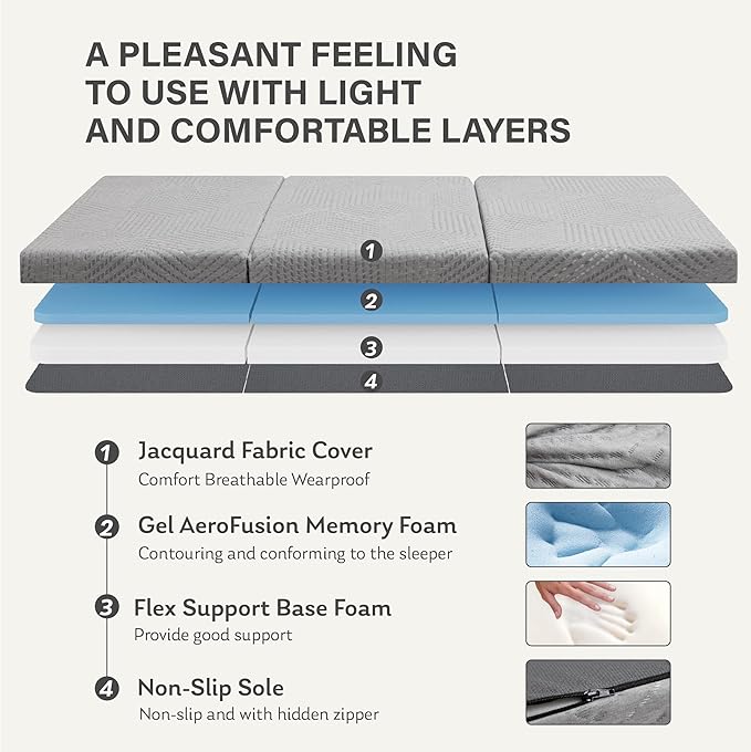 MLILY Tri-Fold Memory Foam Mattress, 4 inch Twin Folding Mattress with Collapsible and Washable Cover, Travel and Guest Mat, 75"×38"×4", Grey