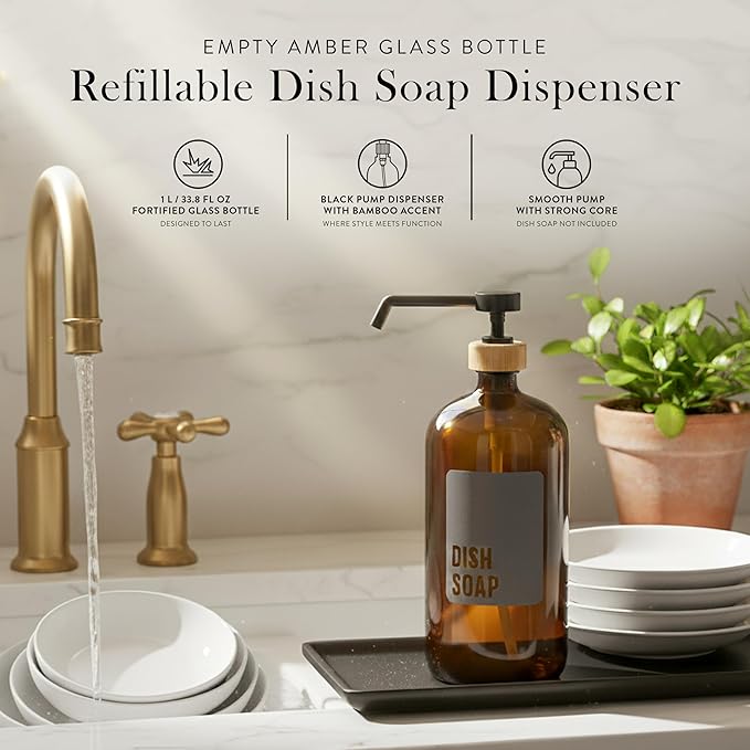 SAVVY & SORTED Amber Glass Dish Soap Dispenser for Kitchen Sink 1 Liter, Large Kitchen Soap Dispenser Set with Permanent Label, Refillable Glass Bottle for Dish Washing Liquid, 34 Fl Oz