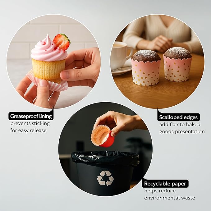 Restaurantware Baking Cups 200 Pack of 3.38 oz Paper Cupcake Liners Greaseproof Scalloped Oven-Safe Elegant Dessert Muffin Cups Disposable for Parties