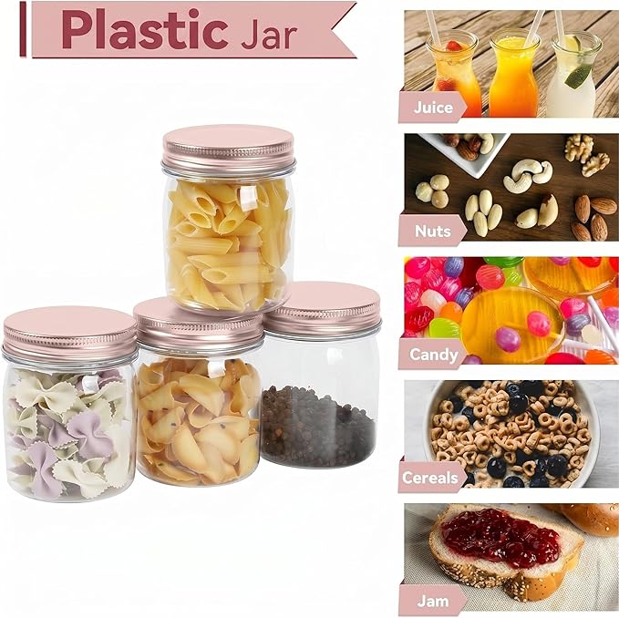 novelinks 8 oz Clear Plastic Jars with Airtight Lids, 32 Pack Plastic Mason Jars with Lids 8oz, Refillable Storage Slime Containers & Small Spice Jar for Kitchen Organization (32 Pack,Rose Gold)