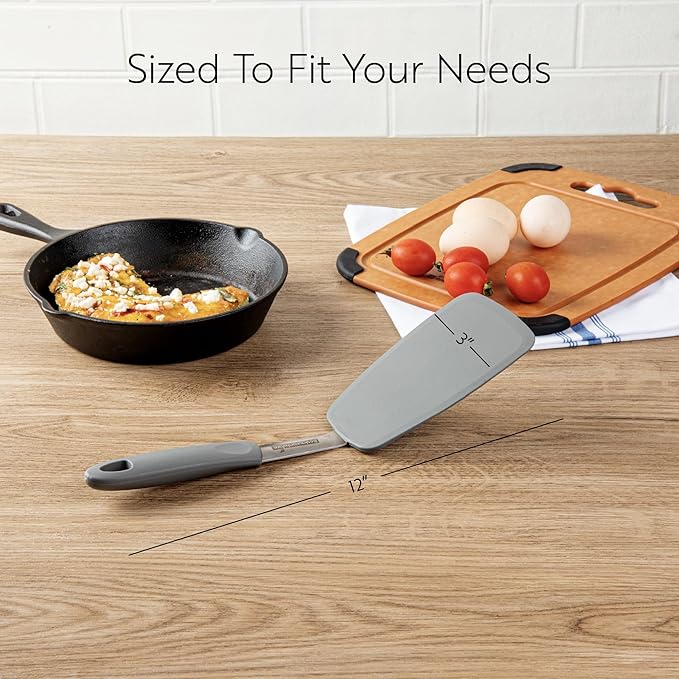 Restaurantware Comfy Grip 12 x 3 Inch Silicone Turner 1 Durable Cooking Turner - Stainless Steel Body Rubber Handle With Hole Gray Silicone Flipper Spatula Tolerates Up To 446F Dishwashable