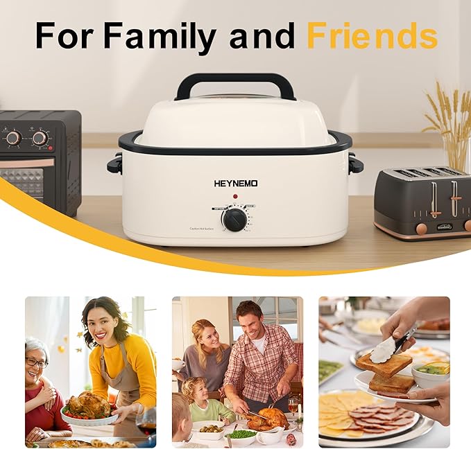 Roaster Oven 22Qt, 1450W Electric Turkey Roaster Oven Buffet with Self-Basting Lid, Cool-Touch Handles, Removable Pan and Rack, Stainless Steel, White