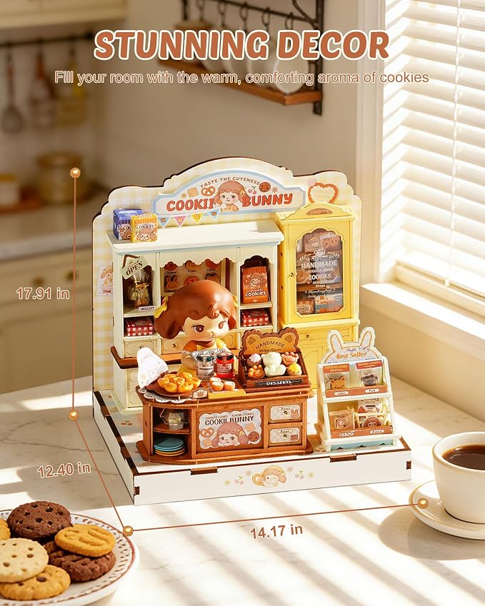 ROBOTIME DIY Miniature House Kit, Dollhouse Building Kit, Mini Wooden Furniture Kit for Adults, Birthday Christmas Craft Hobbies Gift（Cookii Bunny's Cookie Shop）