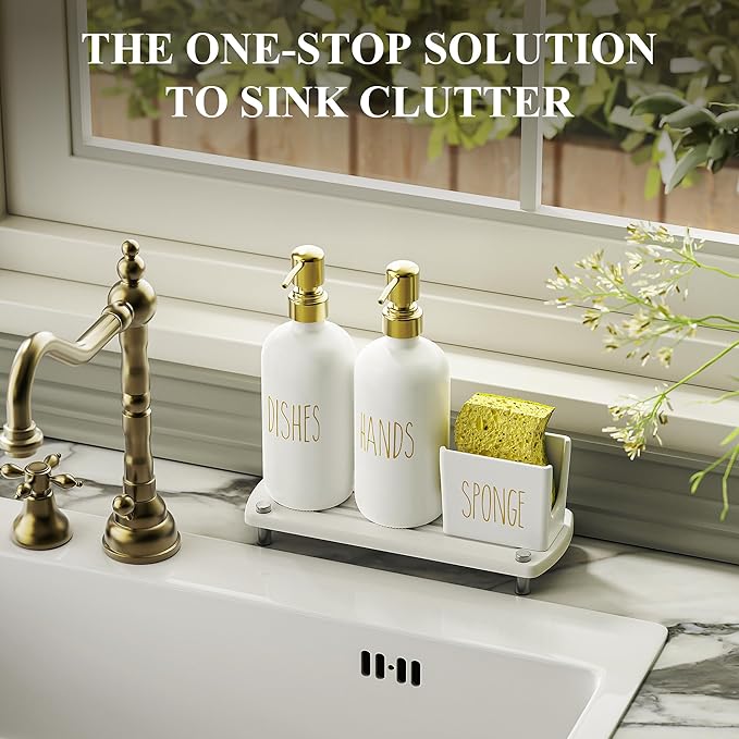 Cisily Kitchen Soap Dispenser Set Comes with Ceramics Sponge Holder, Gold Pumps, and Instant Dry Tray, Hand and Dish Soap Dispenser Set (4, Gold + White + Sponge Holder)