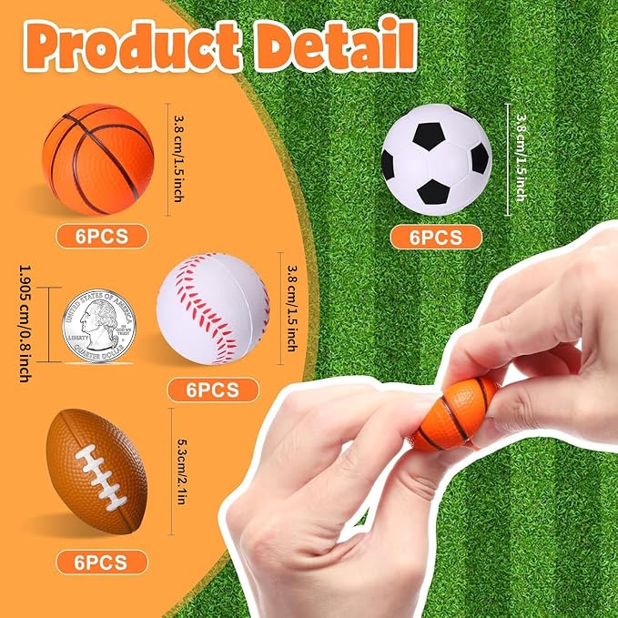 WELLVO Sports Party Favors 24 Pack 1.6 inch Sports Stress Relief Toys Goodie Bags Stuffers Mini Foam Fidget Toys for Stress Anxiety Relief Classroom Prizes Kids Return Gifts Birthday Party Favors