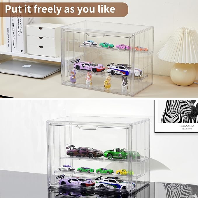 3 Pack Display Case for Collectibles 4 Layer Updated Adjustable Acrylic Display Case with Magnetic Door Clear Stackable Display Box Hobby Display Cases for Figures, Countertop