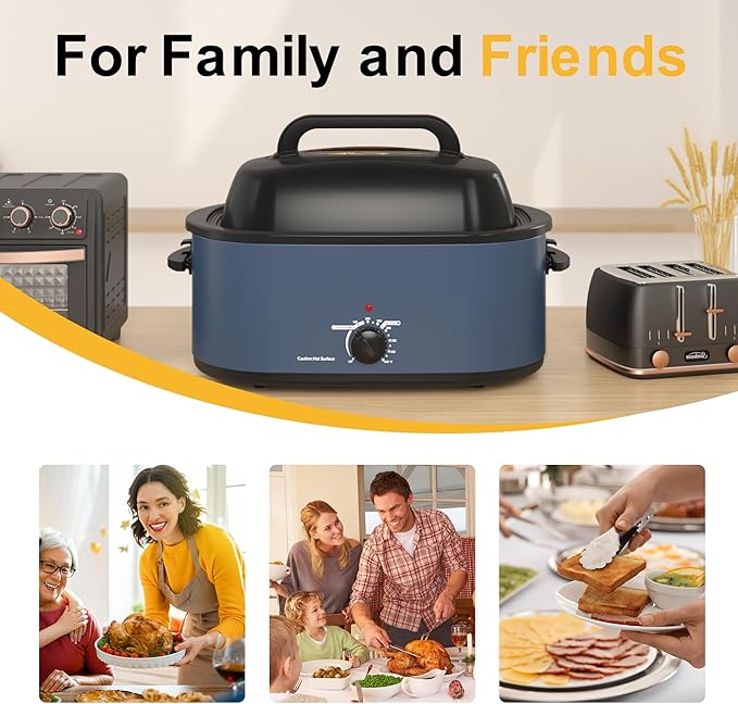 26Qt Turkey Roaster Oven Buffet with Self-Basting Lid, 1450W Electric Roaster Oven with Cool-Touch Handles, with Removable Pan and Rack, Blue