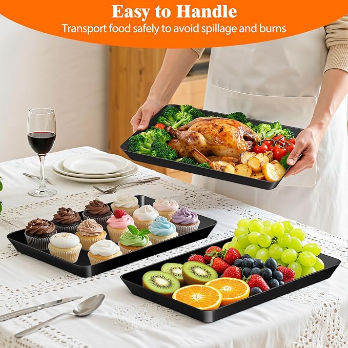 SpaceTrove 4-Pack Serving Tray Set, Reusable Plastic Serving Platter for Party Supplies, Entertaining, Grilling Accessories, Stackable Kitchen Snack Box Container for Dessert, Fruit, Cookie, (Black)