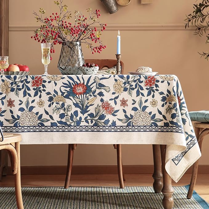 patdrea Designer Blue Tablecloth for Rectangle Table,Vintage Linen Leaves and Floral Pattern Extra Long Tablecloths,Farmhouse Decor Cover for Kitchen Dining Christmas,Thanksgiving,63"x110"-Ivar a