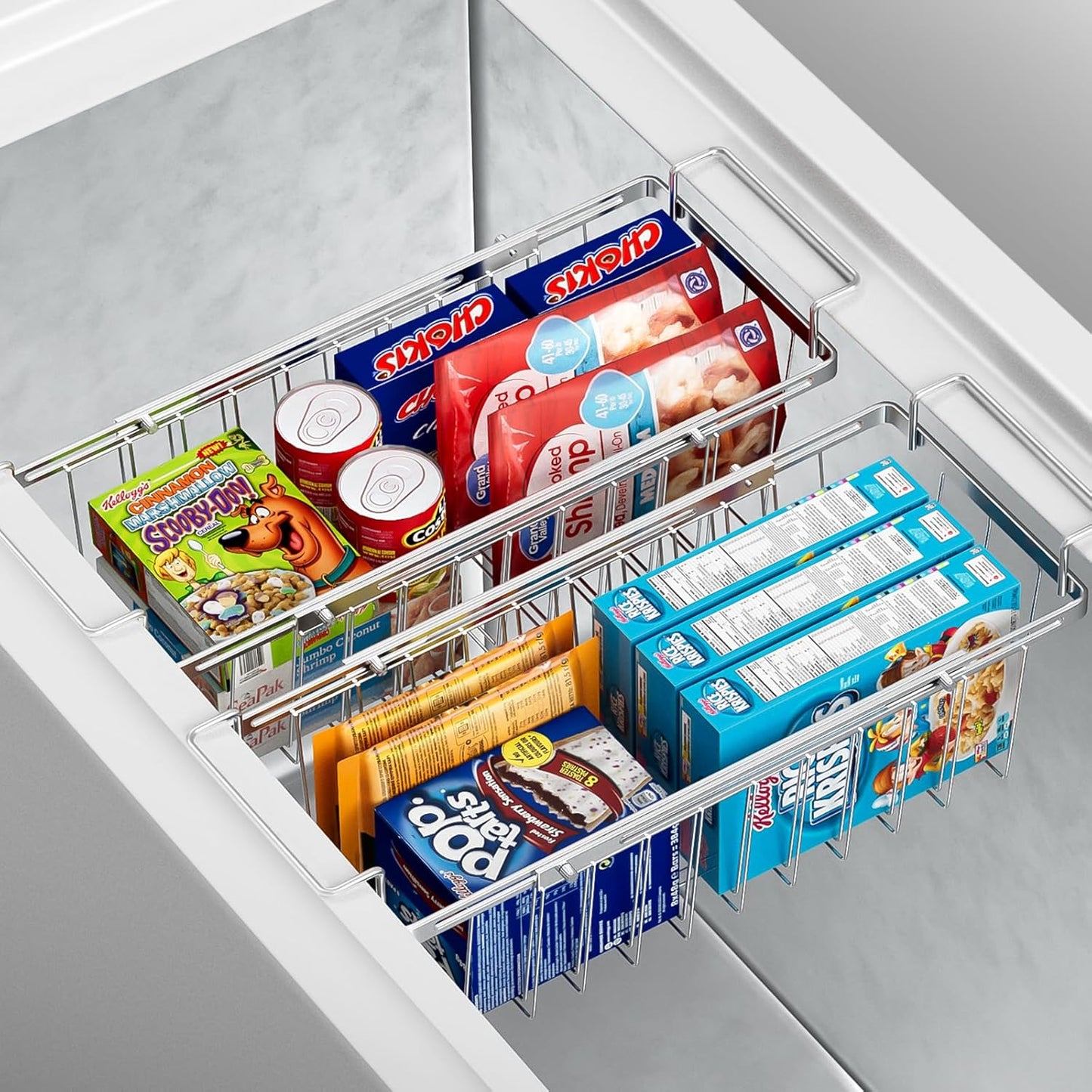 Orgneas Freezer Baskets for Chest Freezer, Capacity Expandable Deep Freezer Organizer Bins Adjustable From 16.5" to 26.5" Stainless Steel Wire Basket Storage with Hanging Handles