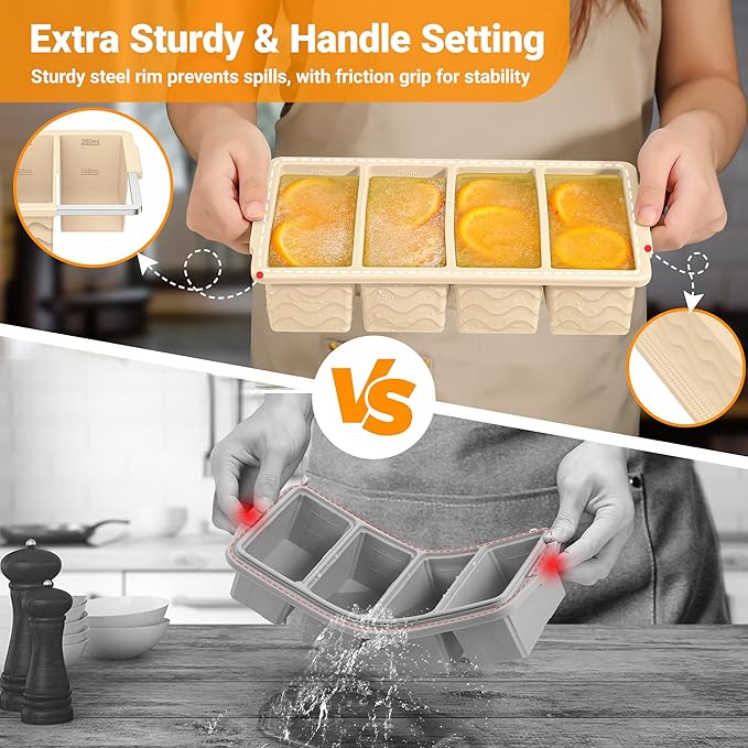 Silicone Freezer Molds for Soup with Lid, 1-Cup & 2-Cup Large Ice Cube Trays Food Storage Containers for Meal Prep, Freeze 500mL/250mL/125mL Portions – 2 Pack
