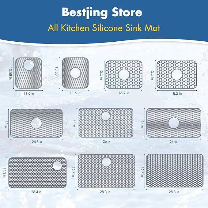 Bestjing 2 Pack Silicone Kitchen Sink Protector Mat with Rear Drain - 13.58''x 11.6'' Kitchen Sink Accessory, Folding Non-Slip Heat Resistant Mat Grid for Bottom of Porcelain Stainless Steel