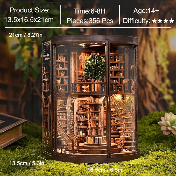fifijoy DIY Book Nook Kit for Adults - 3D Wooden Puzzle Miniature House Kit with LED Light, Miniature Dollhouse Library Bookshelf Insert Decor, Creative Gift for Family, Friends (Wisdom Rings)