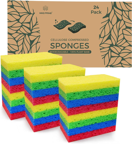 Cellulose Sponges - 24-Pack Multicolored Compressed Natural Sponges for Kitchen - Biodegradable, Non-Scratch, Quick-Dry for Cleaning, Dishes, DIY Cutouts