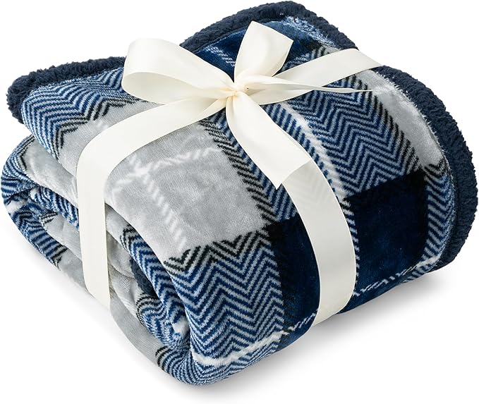 Pavilia Blue Navy Plaid Sherpa Throw Blanket for Couch, Plush Flannel Fleece, Soft Fuzzy Cabin for Sofa Bed, Warm Cozy Winter Gift, 50x60
